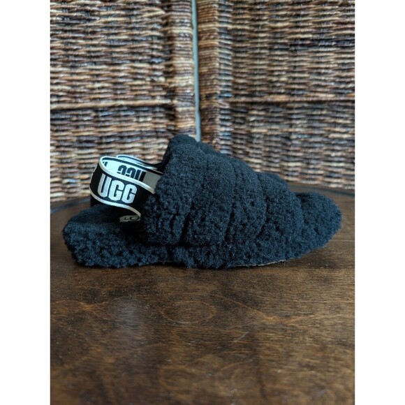 UGG Fluff Yeah Shearling Slingback Slides Sandals Girl's 2 Black Slippers Kids - Picture 1 of 10